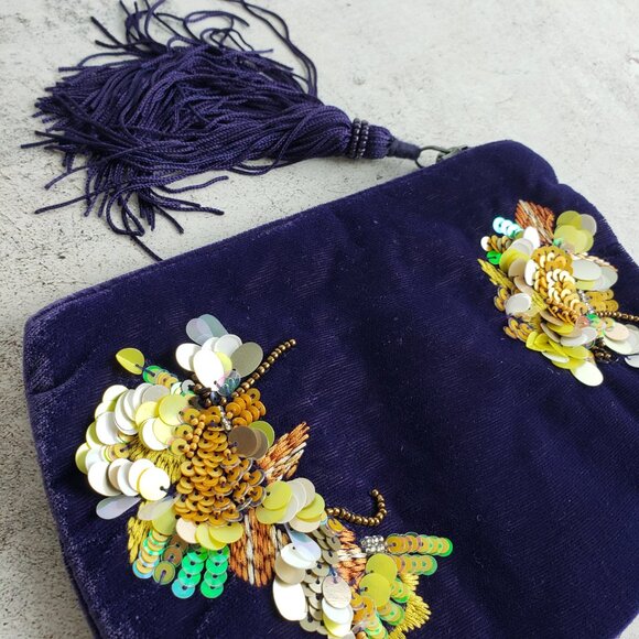 Anthropologie Purse Velour Velvet Monogram Everyday Pouch Zip Sequin Embroidered - Picture 12 of 12